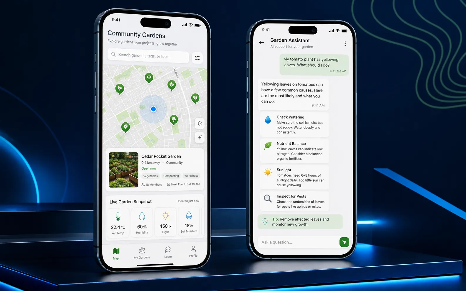 Carte mobile de jardins communautaires avec données fictives